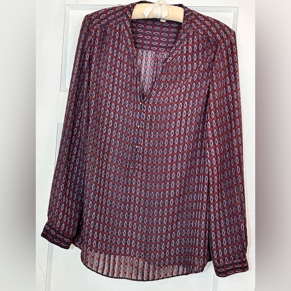 Roz & Ali Sheer Navy Red Patterned Long Sleeve Blouse Top Shirt Button Detail L